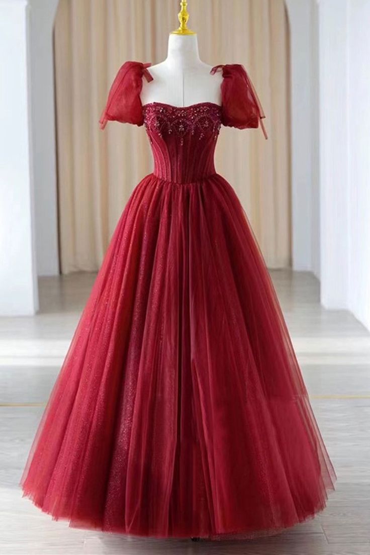 Red elegant beaded short sleeve long tulle ball gown evening dress nv3003