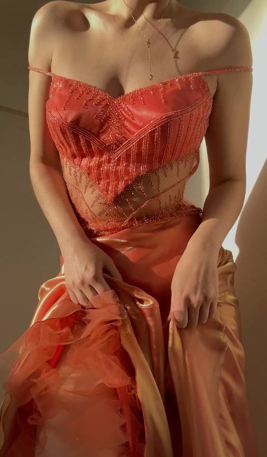 Robe de soirée longue en tulle à bretelles spaghetti et perles Orange Fashion exquise nv3318