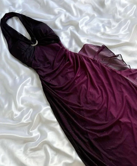 Robe de soirée longue en mousseline de soie, élégante, sans bretelles, violette/verte, scintillante, dos nu, robe de bal, robe de soirée nv3337