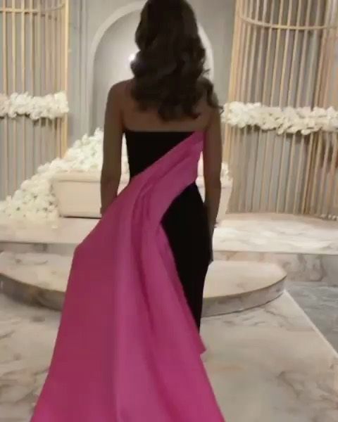 Pink Black Contrast Color Stitching Maxi Satin Long Ball Gown Evening Dress nv2736