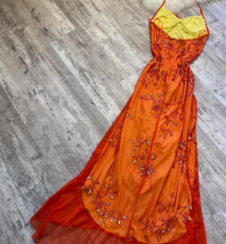 Robe de soirée longue élégante à bretelles spaghetti et perles vintage orange, robe de bal, robe de bal, robe de bal, nv3263