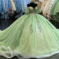 Robe de soirée élégante à manches courtes en tulle vert brillant avec appliques, robe de Quinceanera nv3273