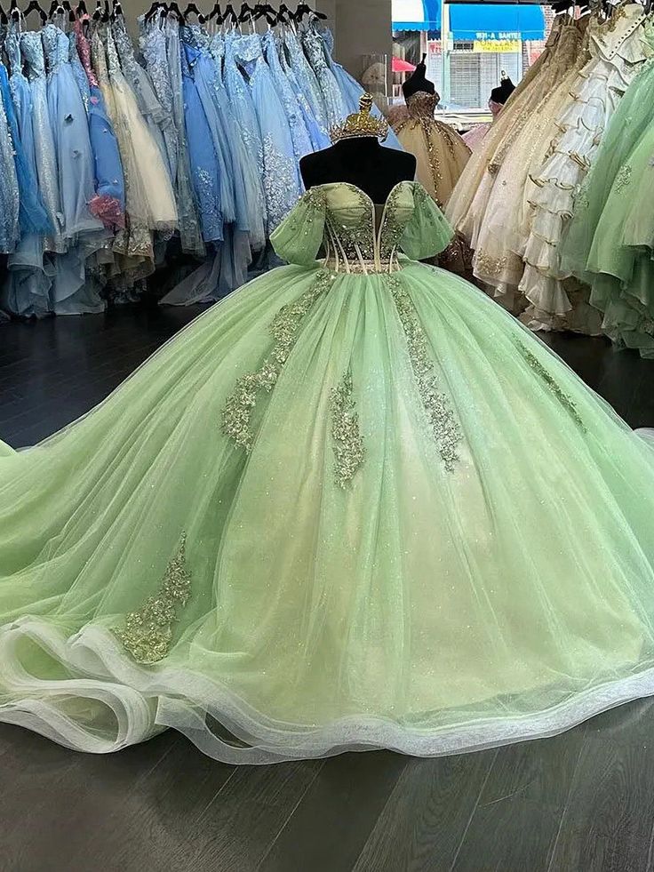 Robe de soirée élégante à manches courtes en tulle vert brillant avec appliques, robe de Quinceanera nv3273