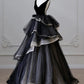 Black and White V Neck Low Cut Tulle Velvet Long Tiered Ball Gown Evening Dress Party Dress nv2607