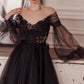 Black romantic ankle-length long sleeve tulle A-line applique long evening gown ball gown party dress nv2567