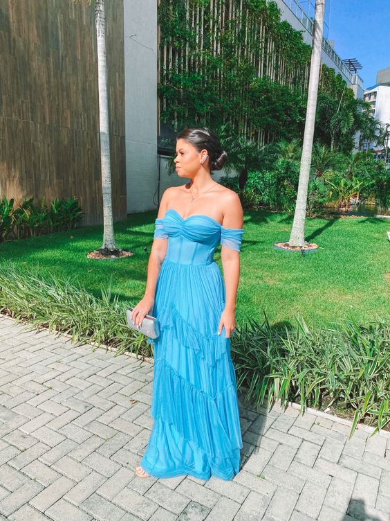 Blue off-the-shoulder short-sleeved tulle ruffled skirt long ball gown evening dress bridesmaid dress wedding guest dress nv2677