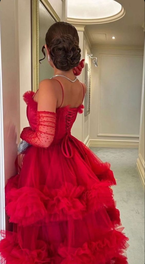 Rotes sexy langes Hosenträger-Tüll-Ballkleid, Abendkleid, Partykleid, NV2236