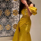 Yellow fashion simple elegant one-sleeve pleated long formal prom dress evening dress party dress nv2531