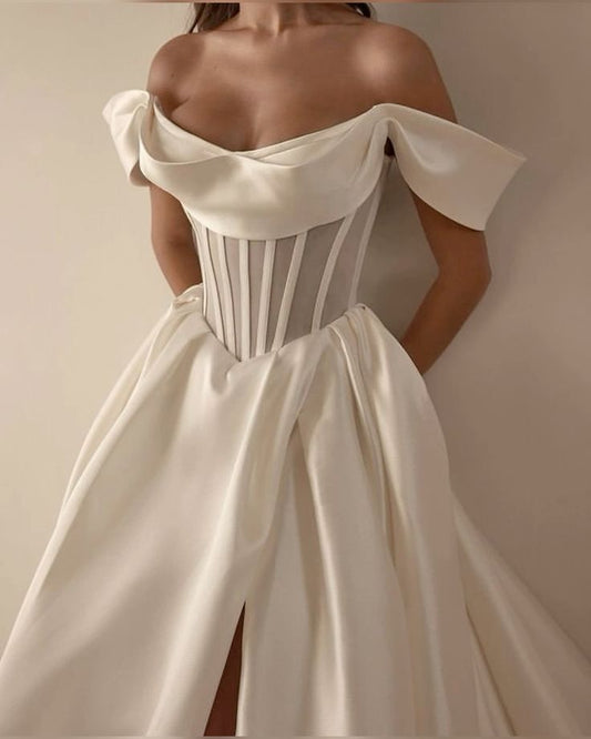 White satin simple elegant long ball gown evening dressnv2969