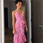 Pink Spaghetti Strap Ruffle Maxi Dress Long Party Dress Evening Dress nv2695