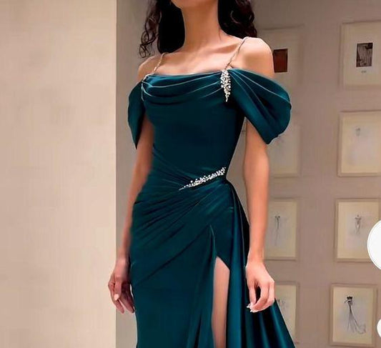 Dark green elegant fashion rhinestone chain strapless shoulder long slit evening dress prom dress nv2636