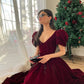 Red V-neck velvet puff sleeves short sleeves beaded A-line dress elegant prom dress graduation dress homecoming dress Christmas party dress nv2380