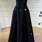 Black Shiny Elegant Crystal Mirror Decoration Off Shoulder A-Line Long Satin Ball Gown Evening Dress nv3158