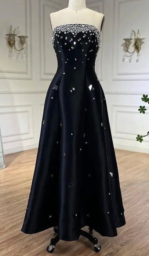 Black Shiny Elegant Crystal Mirror Decoration Off Shoulder A-Line Long Satin Ball Gown Evening Dress nv3158