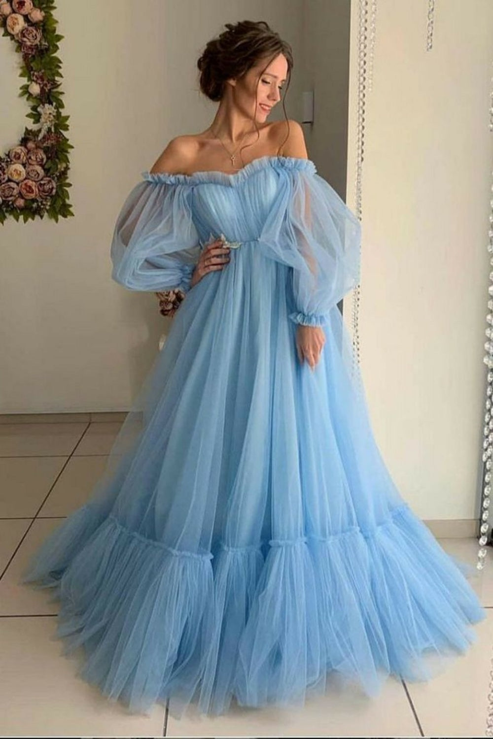 Blue stylish elegant long tulle puff sleeves ball gown evening dress nv3216