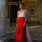 Elegant Red Pink Contrast Stitching Slit Satin Maxi Dress Women Off Shoulder Ladies Evening Dress Party Dress nv2734