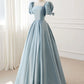 Robe de bal longue en satin bleu coupe A à manches bouffantes, robes de soirée bleues nv1726