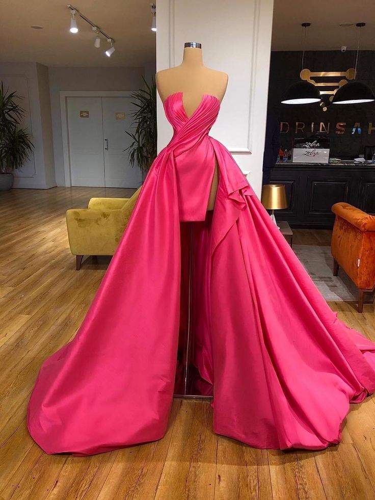 Robe de soirée longue rose à col en V et fente latérale, sexy et élégante, robe de bal nv3280