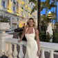 White solid color wide shoulder straps simple elegant long prom dress evening dress party dress homecoming dress nv2180