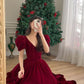 Red V-neck velvet puff sleeves short sleeves beaded A-line dress elegant prom dress graduation dress homecoming dress Christmas party dress nv2380