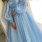 Blue stylish elegant long tulle puff sleeves ball gown evening dress nv3216