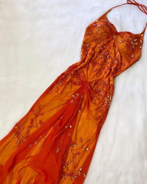 Robe de soirée longue élégante à bretelles spaghetti et perles vintage orange, robe de bal, robe de bal, robe de bal, nv3263