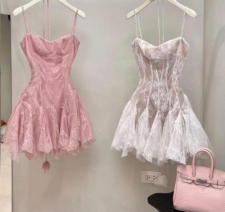 Robe de soirée courte en dentelle rose clair/foncé à bretelles spaghetti, robe de princesse de bal, robe de remise de diplôme nv3287