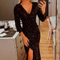 Black Deep V Neck Long Sleeve Shiny Sequin Long Sexy Low Slit Prom Dress Evening Dress Party Dress nv3142