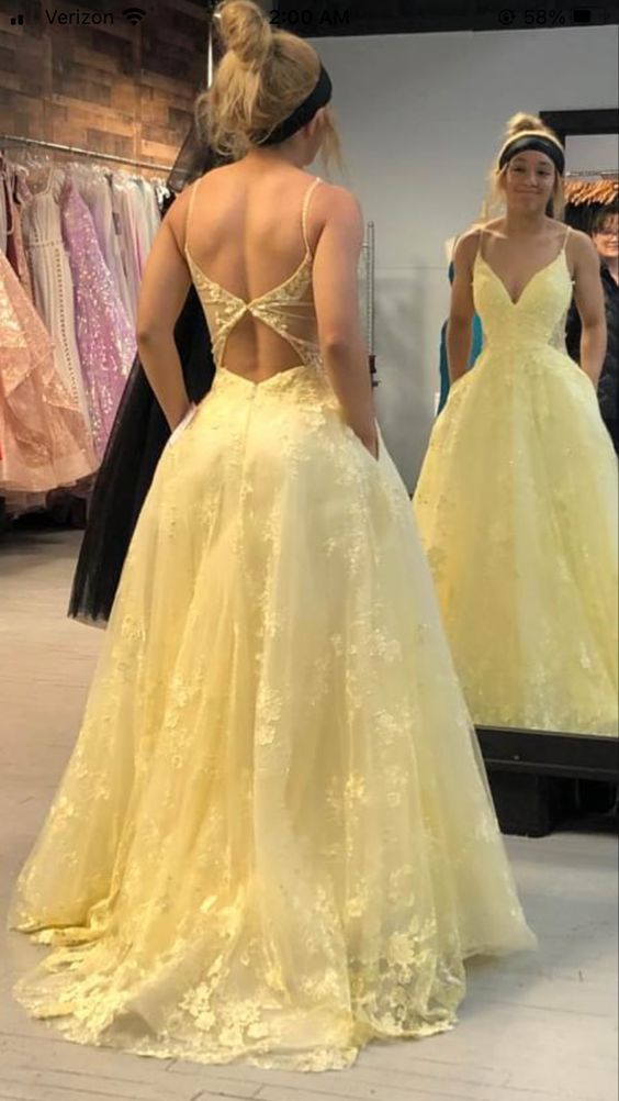 Yellow lace V-neck backless long gown formal dress prom dress graduation ceremony party dress nv3078