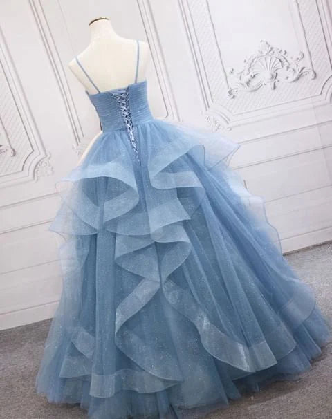 Green/Purple/Blue Fashion Elegant Spaghetti Strap Long Organza Ruffles Ball Gown Evening Gown Graduation Gown Adult Ceremony Gown nv26