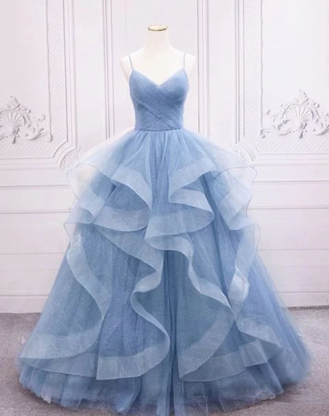 Green/Purple/Blue Fashion Elegant Spaghetti Strap Long Organza Ruffles Ball Gown Evening Gown Graduation Gown Adult Ceremony Gown nv26