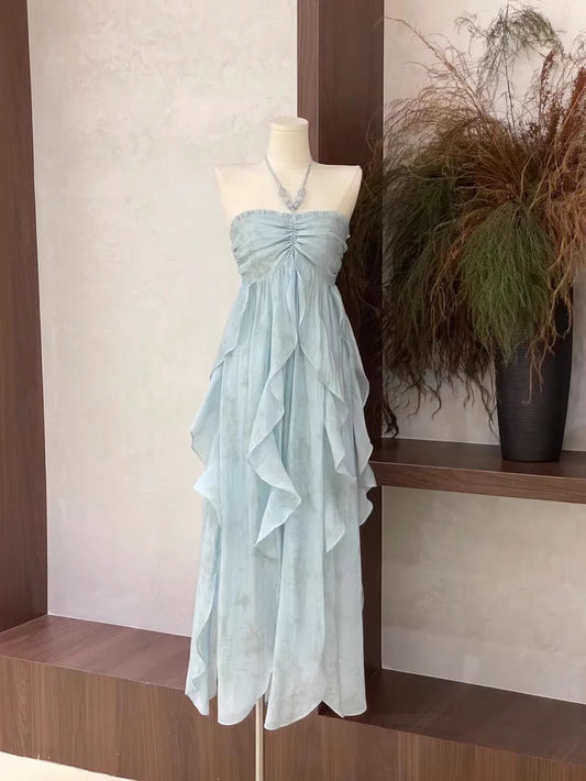 Blaues rückenfreies modisches Hosenträger-elegantes langes fließendes Chiffon-Rüschenkleid NVwd1