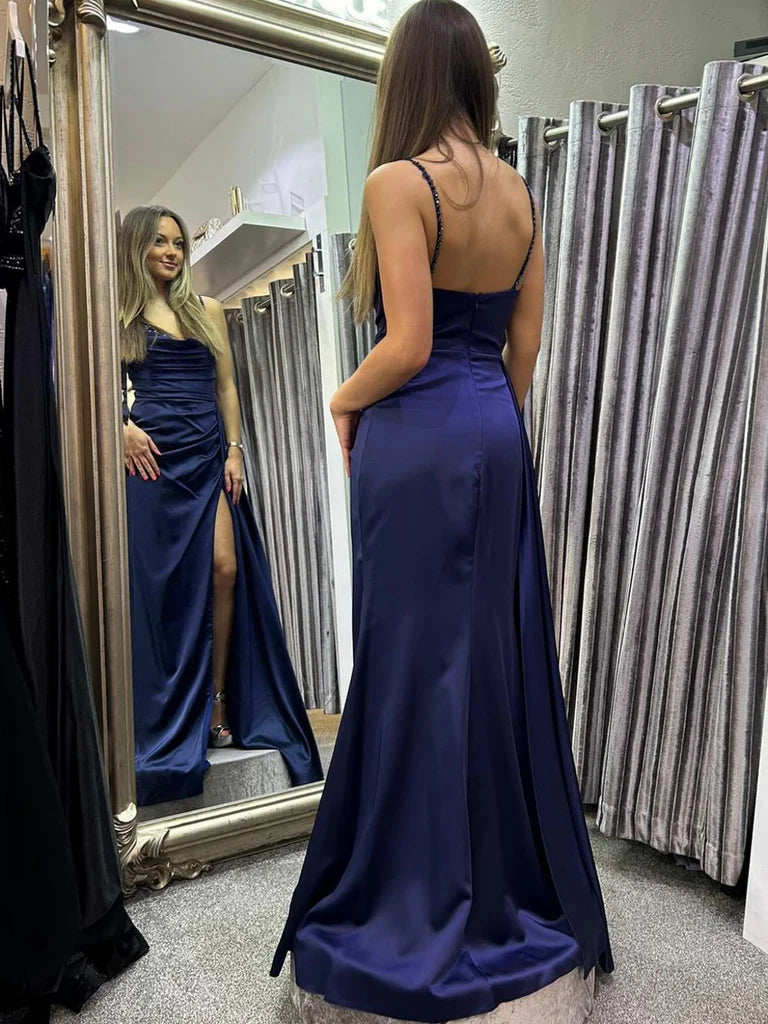 A Line Open Back Navy Blue Satin Long Prom Dresses with High Slit, Long Navy Blue Formal Graduation Evening Dresses nv1503