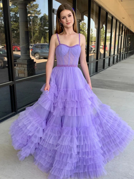 A Line Sweetheart Neck Beaded Straps Lilac/Black Long Prom Dresses, Lilac/Black Layered Tulle Formal Evening Dresses nv1505