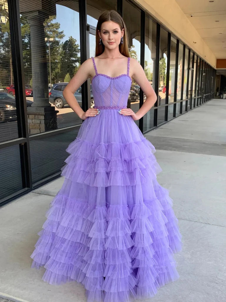 A Line Sweetheart Neck Beaded Straps Lilac/Black Long Prom Dresses, Lilac/Black Layered Tulle Formal Evening Dresses nv1505