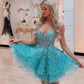 A Line V Neck Blue Lace Prom Dresses, Short Blue Lace Homecoming Dresses, Blue Formal Graduation Evening Dresses nv1474