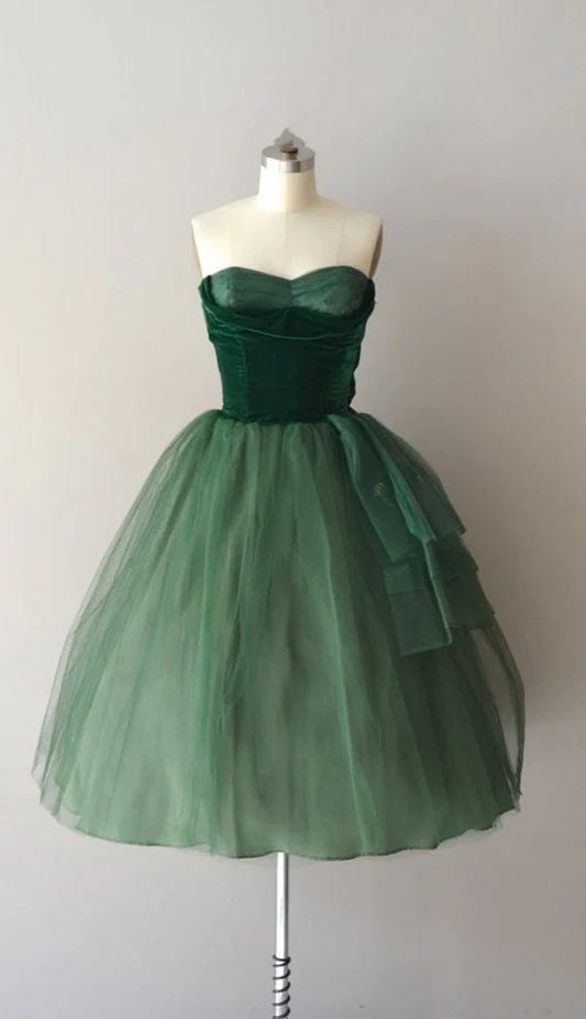 Green vintage prom dress tulle short homecoming dress birthday outfit  nv2065