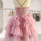 Pink Applique Layered Ruffle Short Homecoming Dress Party Dress nv2057