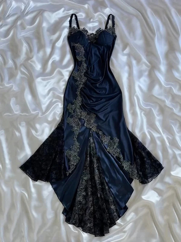 Navy Blue Fashion Strapless Long Mermaid Bodycon Lace Prom Dress Evening Gown Party Dress nv3476