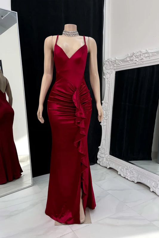 Sexy burgundy mermaid fashion pleated spaghetti strap slit prom dress evening gown party dress nv2274