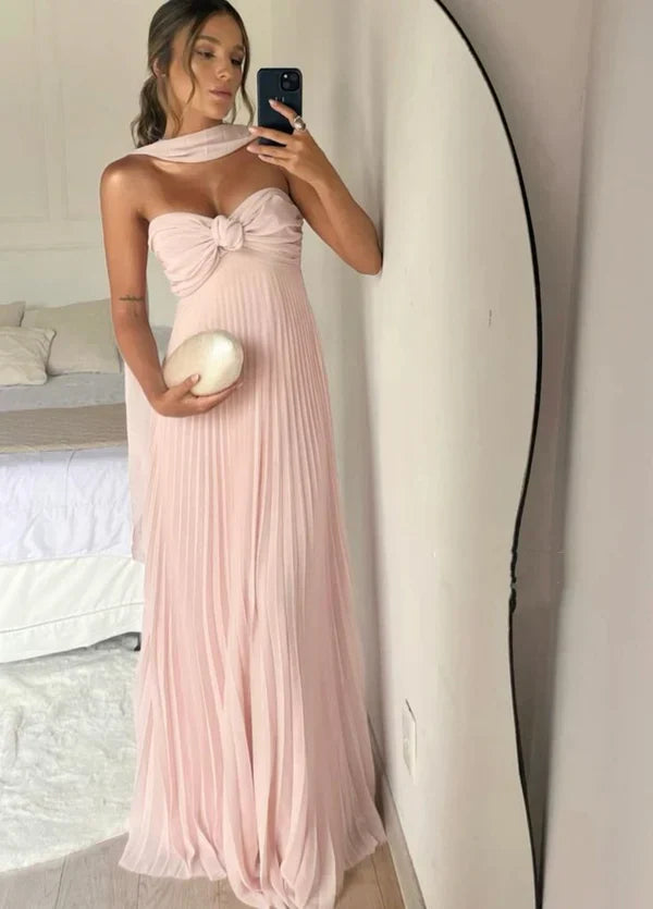 Pink off-shoulder chiffon flowing long elegant evening dress wedding guest dress bridesmaid dress nv2118