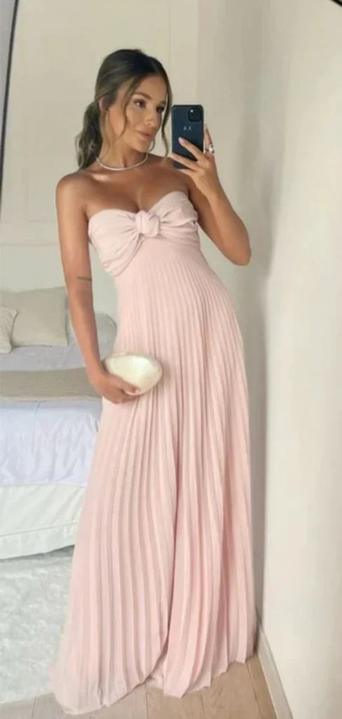 Pink off-shoulder chiffon flowing long elegant evening dress wedding guest dress bridesmaid dress nv2118