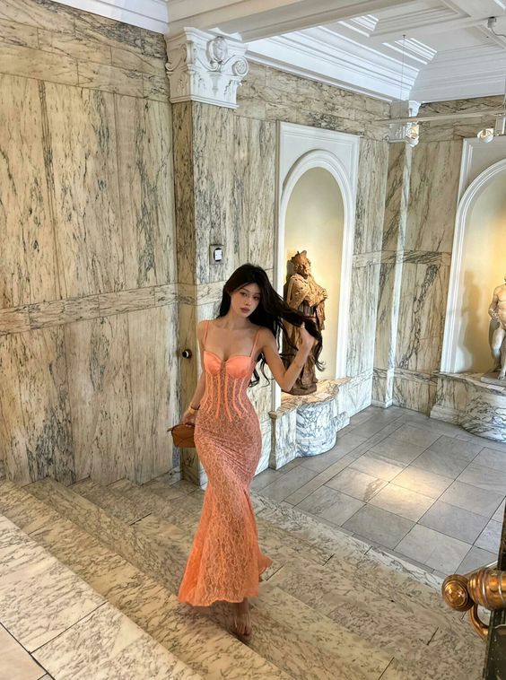 Stunning Orange Mermaid Spaghetti Strap Lace Long Evening Dress Prom Dress Party Dress nv2885