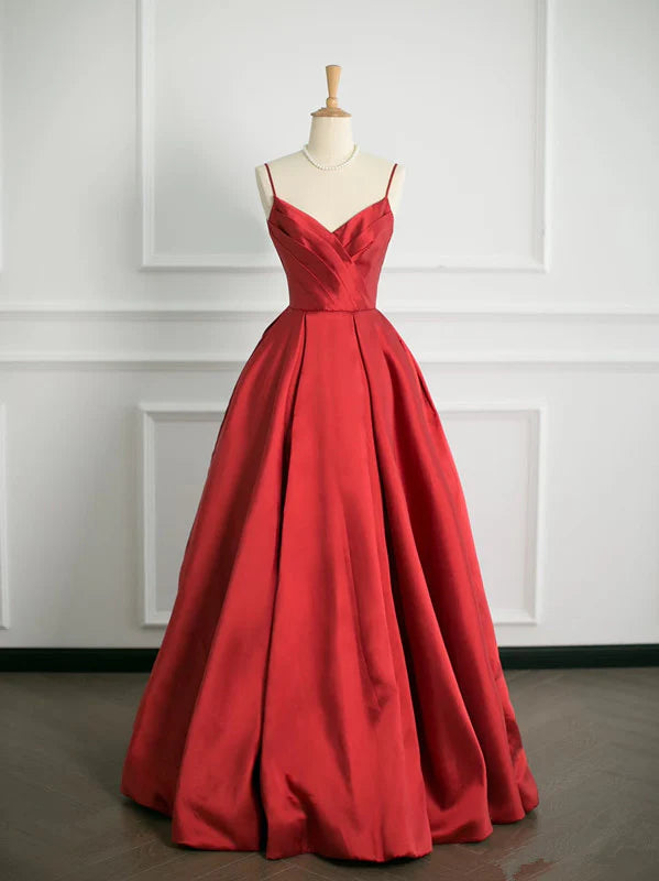 Red satin spaghetti straps long elegant ball gown evening dress nv3404