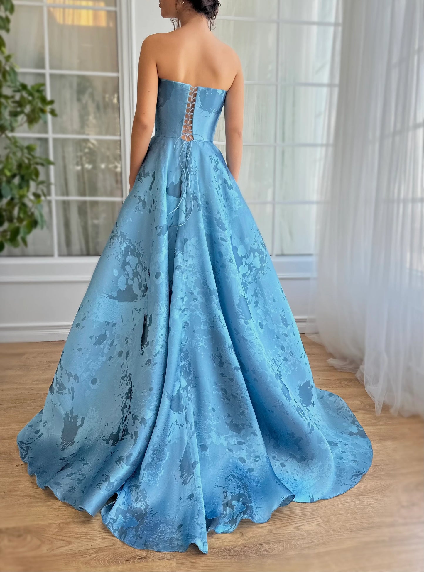 strapless ruched embossed printed satin lace-up  prom dress  nv1637