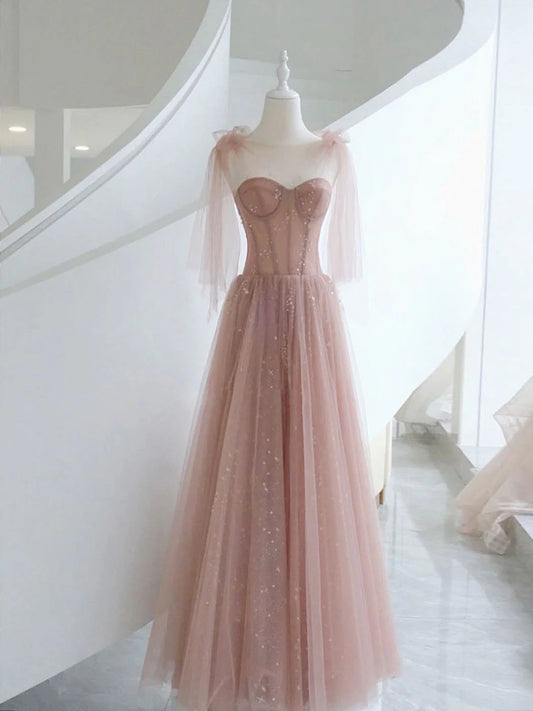 A-Line Pink Round Neck Tulle Long Prom Dresses, Pink Formal Evening Dress nv1528