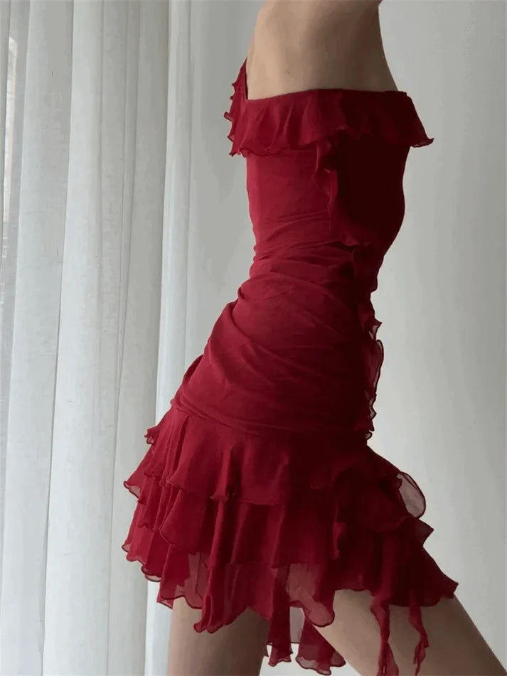 Red ruffled sleeveless short prom dress homecoming dress nv1956