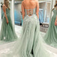 A-Line Appliques Tulle Sexy Long Floor-Length Prom Dresses nv1579