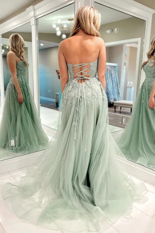 A-Line Appliques Tulle Sexy Long Floor-Length Prom Dresses nv1579