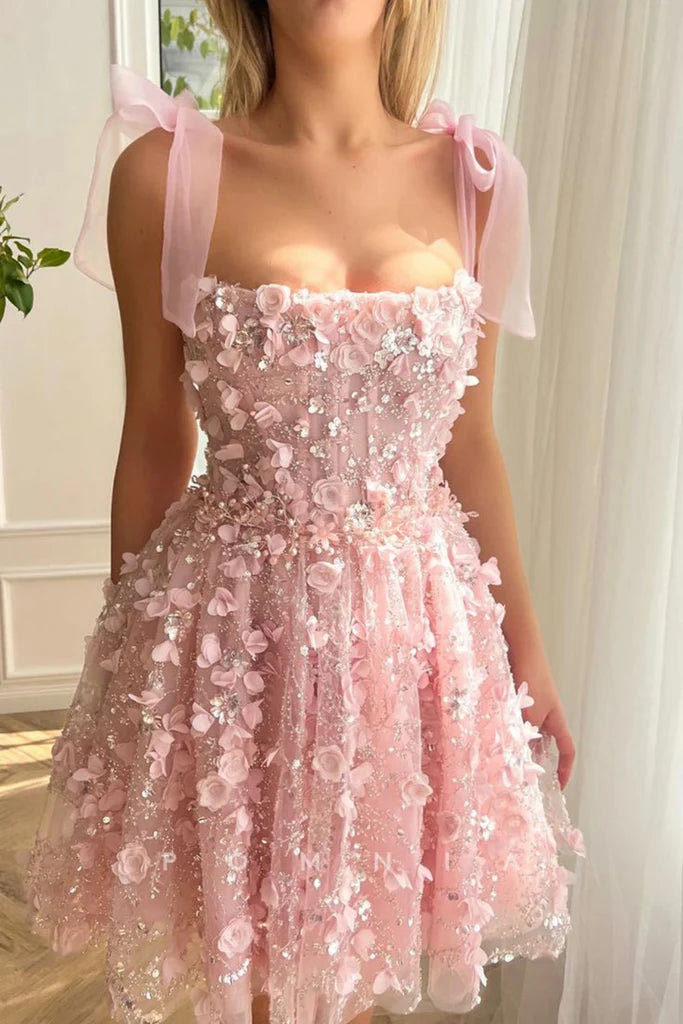 Cute A Line Pink Lace Floral Prom Dresses, Beaded Pink Homecoming Dresses, Short Pink Formal Evening Dresses with 3D Flowers nv1510